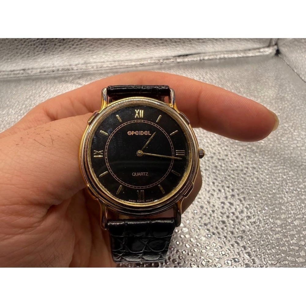 Speidel Gold Tone Black Dial Roman Numeral Quartz Dress Watch Mens Womens